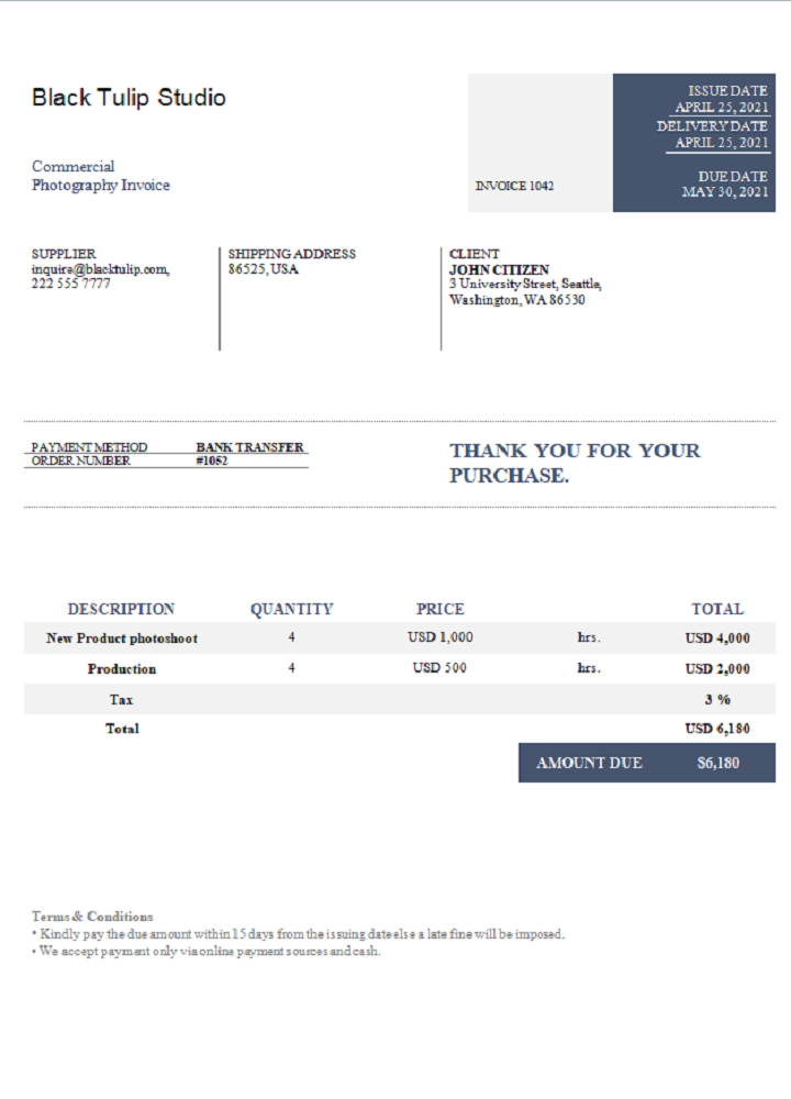 USA Black Tulip Studio invoice PSD template